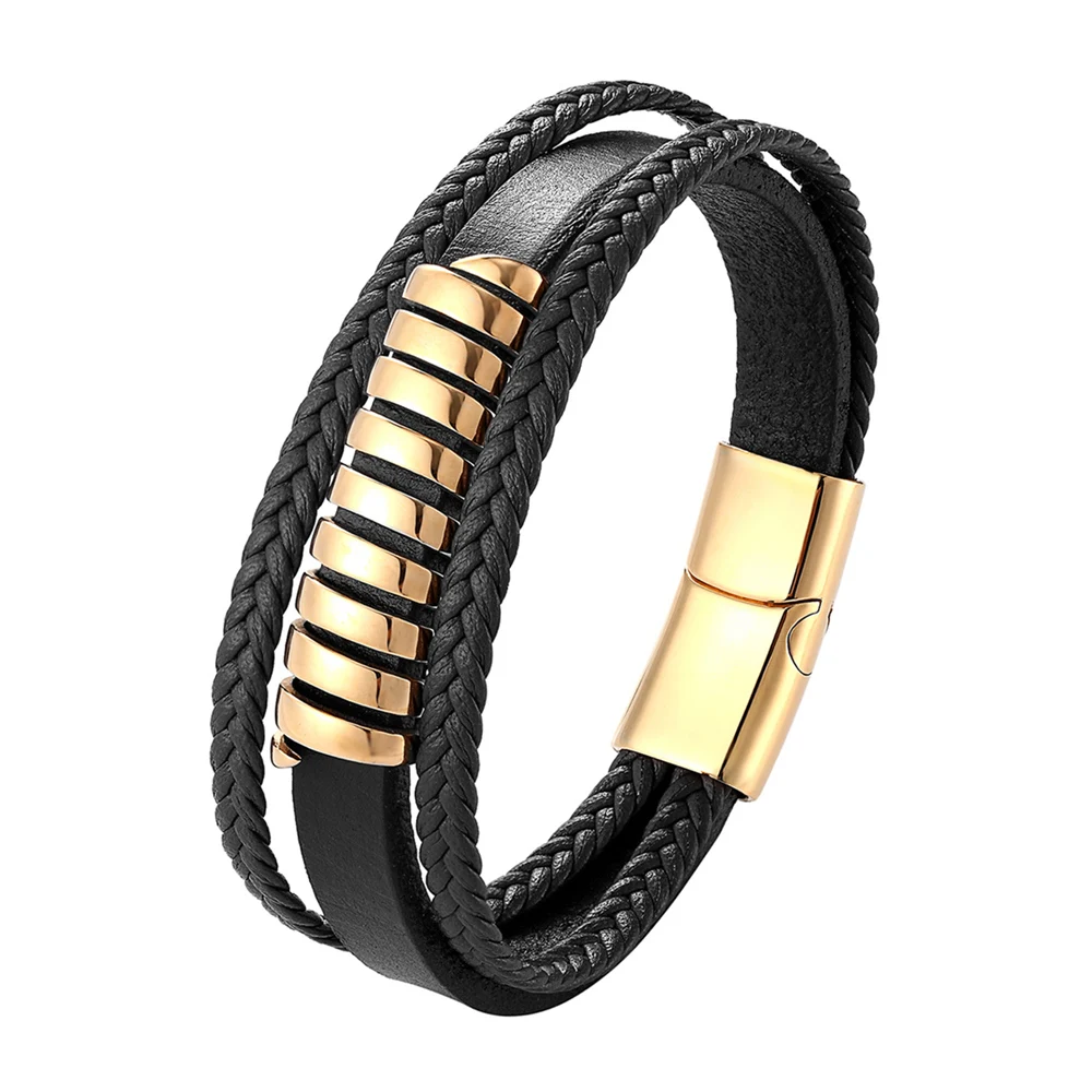 New Multi-Layer Genuine Leather 8 words Bracelet For Men Stainless Steel Magnetic Clasp Fashion Bangles Male Jewelry Pulseira