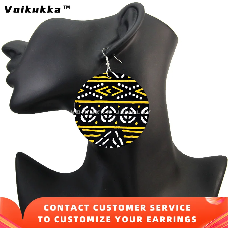 Voikukka Jewelry African Ethnic Fabric Pattern Leaf Wood Double Sides Print Round Drop Dangle Women Earrings Accessories