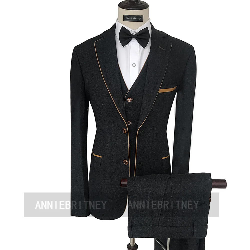 

Classic Tweed Suit Men 3 Piece Custom Made Slim Fit Wedding Groom Suit Dress Tuxedo Dinner Winter Business Blazer Vest Pants Set