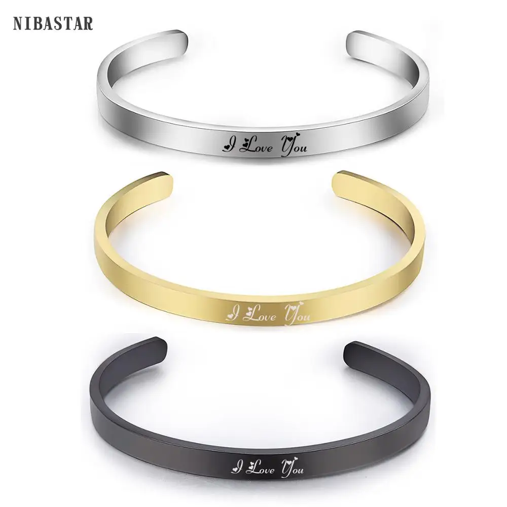 

Fashion Gold and Black Silver Stainless Steel Custom Engrave Bracelet For Women Hot Selling Open Jewelry Bangles