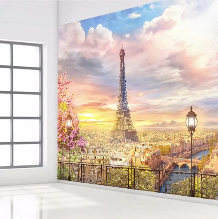 Custom Photo Wallpaper 3D  Mural Modern City Eiffel Tower Flowers Perspective  Paper HD Painting for Living Room