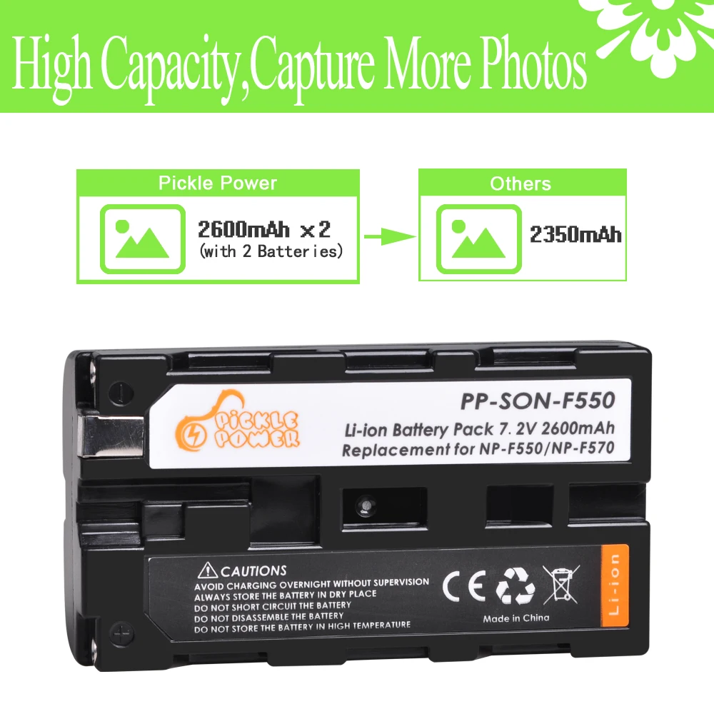 Pickle Power 2600mAh Battery NP-F550 NP-F570 NP-F730 NP-F750 OR LED Dual Charger for Sony Camera ,for Godox LED Video light