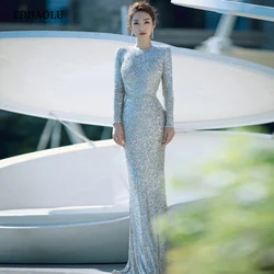 Customized FDHAOLU FU124 Muslim Silver Mermaid Elegant Evening Dresses Gowns Long Sleeves Sparkle For Women Party Dress