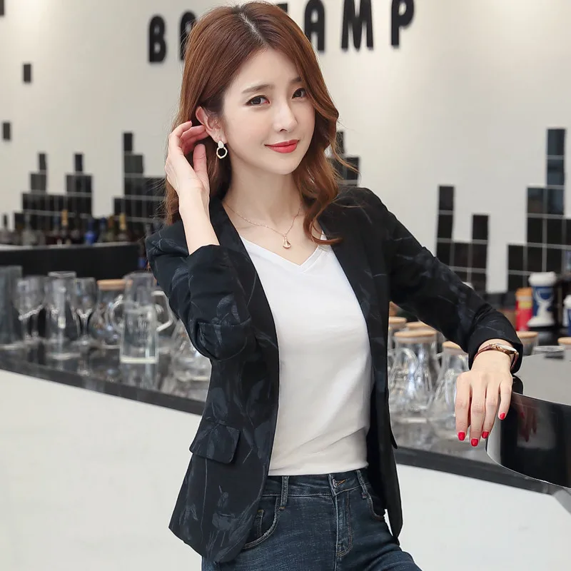 2023 New Autumn Korean Slim Retro Printing Small Suit Jacket Female Office Lady Single Breasted Blazer Casual Women Suit Coat 90