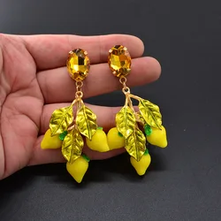 Trendy Summer Crystal Boho Lemon Fruit Drop Earrings For Women Yellow Leaf Earing Pendant  Baroque Statement Earrings Jewelry