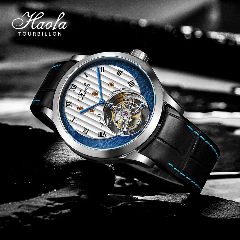 Haofa Manual Tourbillon Movement Watch Men Flying Mechanical Sapphire Skeleton Mens Watch Luxury Waterproof zegarek męski 1088