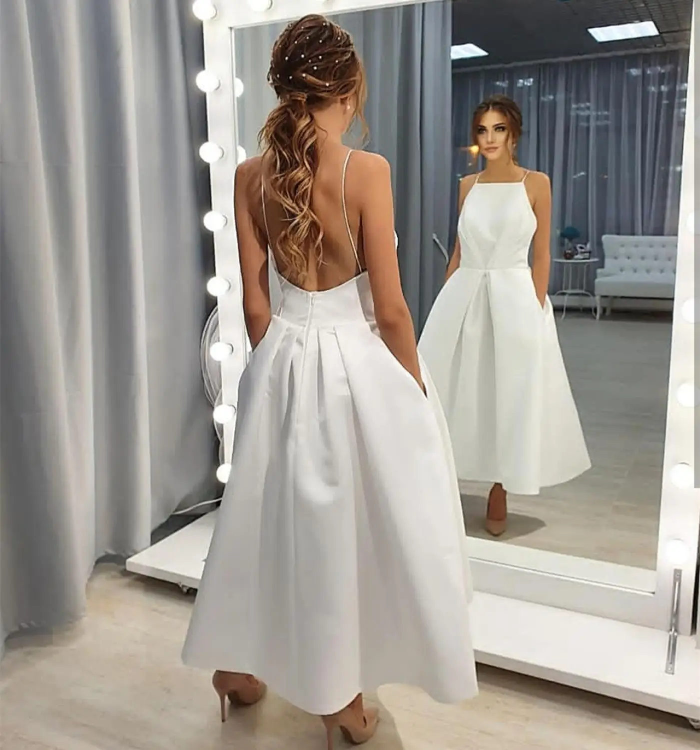 Einfache Satin Brautkleid rücken freie ärmellose Brautkleider mit Tasche Strand knöchel lange Robe de Mariee nach Maß