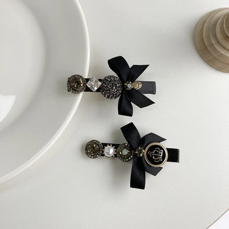 New France Black Bow Pearl Hair Accessories Hair Clips Pins Elegant Daily Bowknot Imitation Pearl Headwear Barrettes Spring Clip