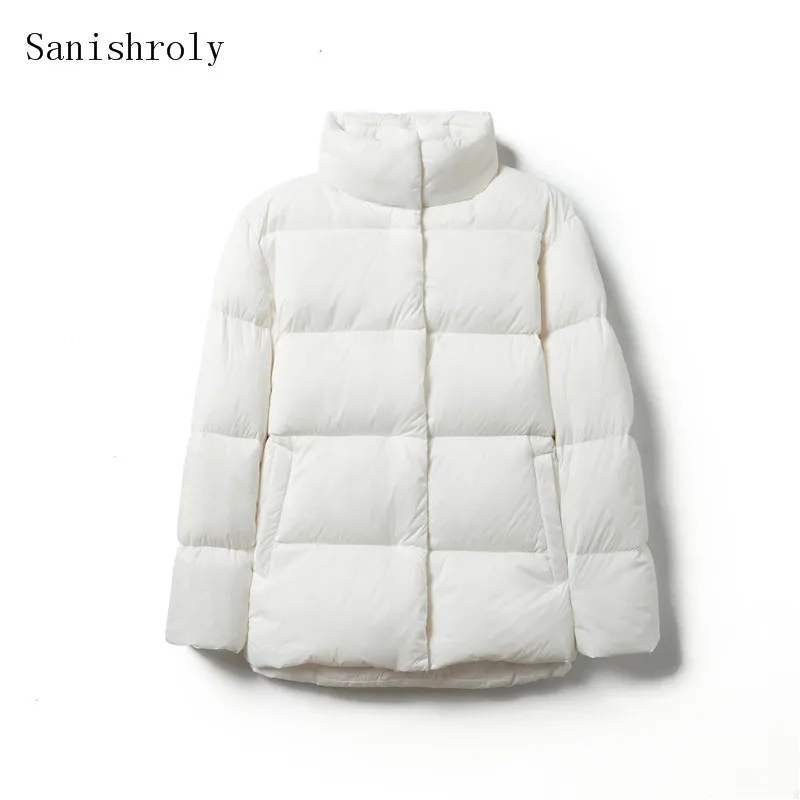 Sanishroly Autumn Winter Women Stand Collar White Duck Down Jacket Puffer Parkas Lady Warm Thicken Down Coat Short Outwear Tops