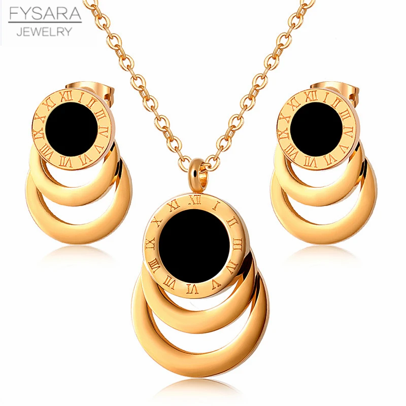 FYSARA Roman Numer Three Circels Earrings Short Necklace for Women Brand White Shell Black Jewelry Set Gold Color Wedding Gift