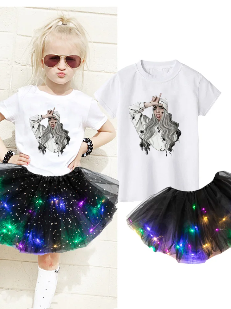 

Летняя Детская футболка с коротким рукавом + светящаяся юбка + вечернее платье для девочек с принтом звезд, платья-пачки на день рождения, Детский комплект