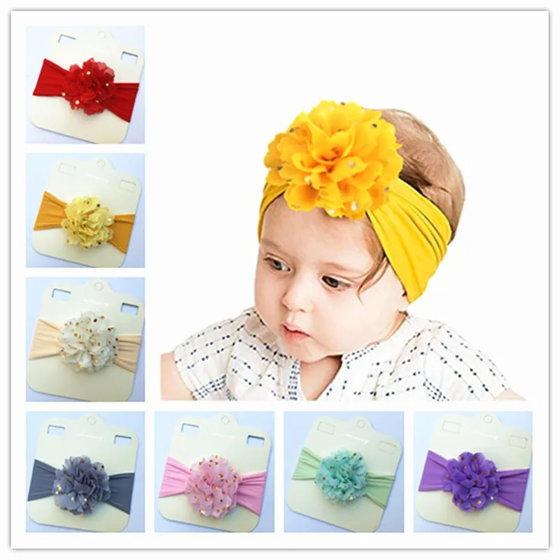 1 PCS Lovely Handmade Chiffon Flower Hairband with Golden Dots Infant Fashion Soft Elastic Nylon Headband Clothing Decoration