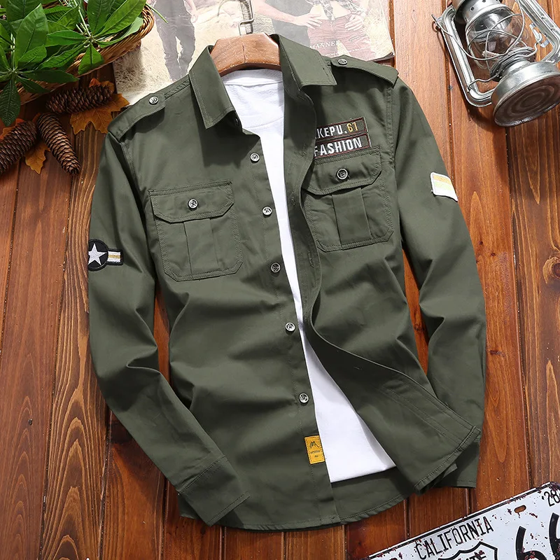 Camisas masculinas militar camisa casual algodão caqui retro ajuste fino com bolso de manga longa jaqueta vintage streetwear transporte da gota