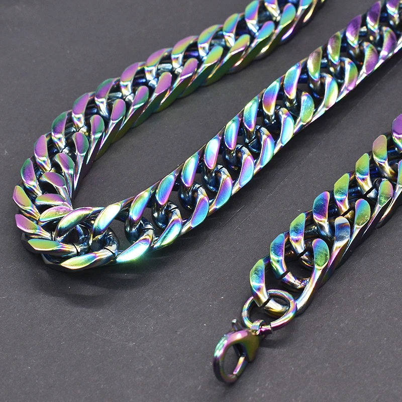 AMUMIU Rainbow Color Plated Stainless Steel Necklaces Cuban Chains Link For Men Women Jewelry Hot Sale Wholesale KN251