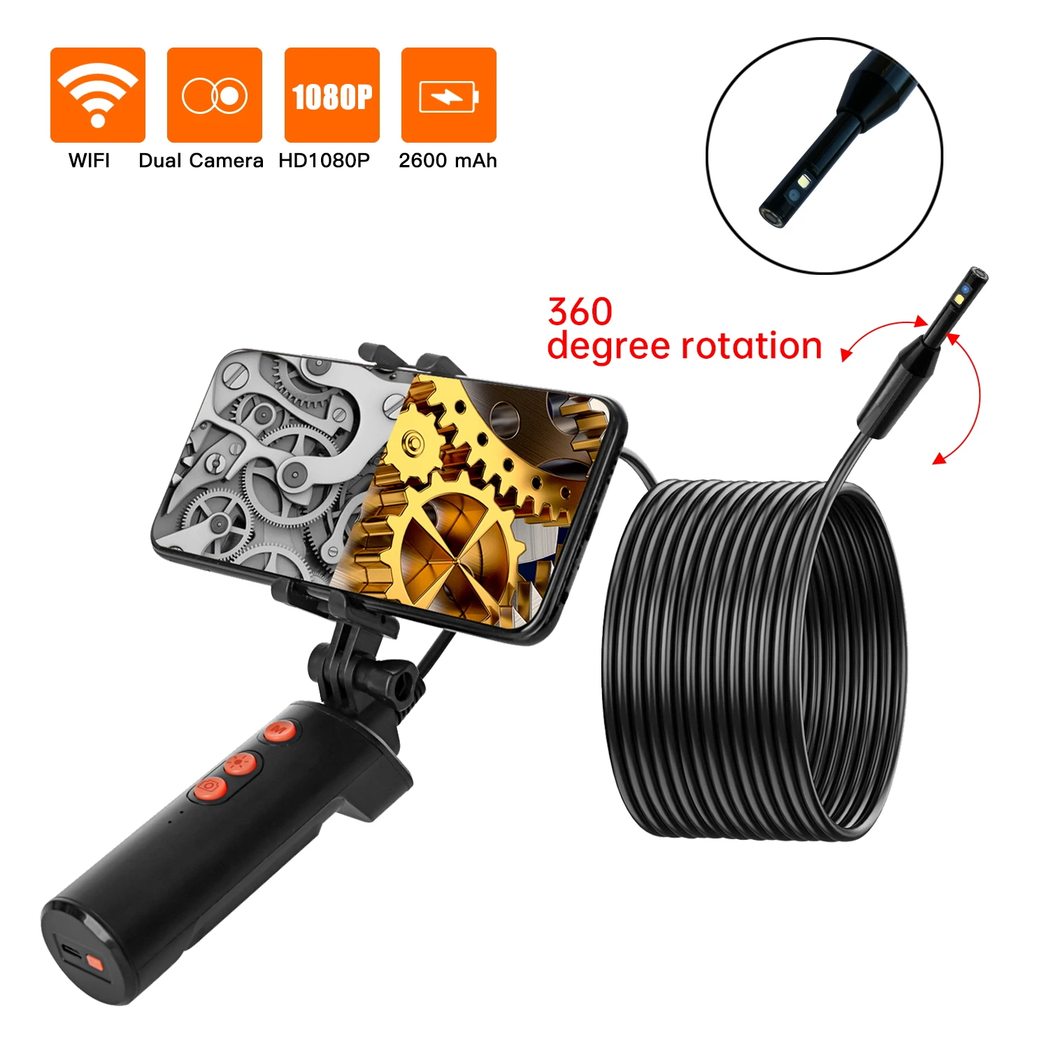 2MP1080P 360 Degree Rotation Dual Lens  WIFI Endoscope  CMOS Borescope Handheld Digital Microscope