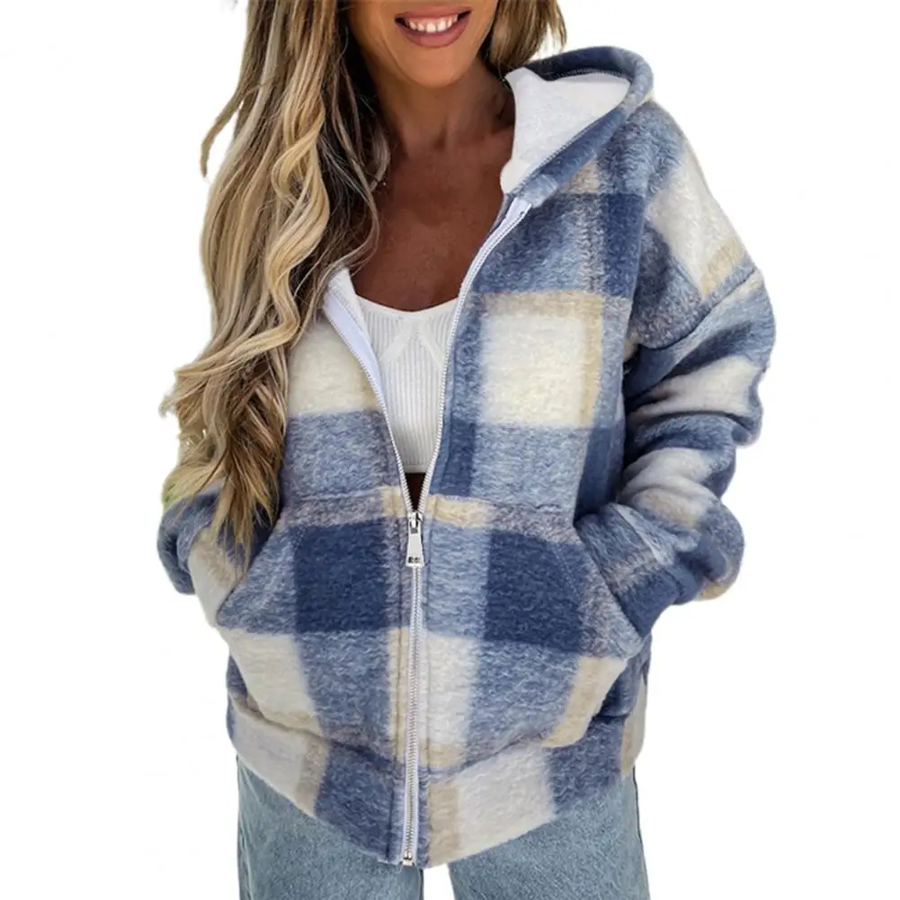 Women Hooded Jacket Plaid Fleece Sweater Coats Sport Warm Outwear Thick Female Clothing Hooded Autumn Spring Jackets