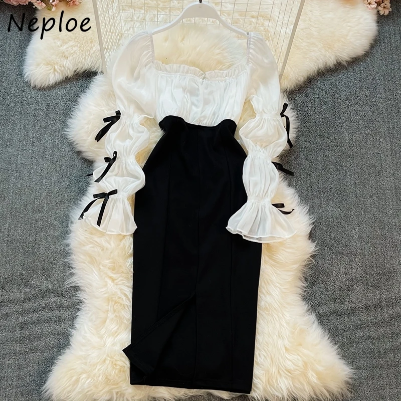 Neploe Elegant Hollow Out Backless Bow Drawstring Belt Vestidos Woman Square Collar Patchwork Button Hip Slim Dress Ladies Robe