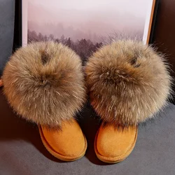 Genuine Leather Children Shoes Customized Kids Snow Boots Natural Big Fox Fur Cold Winter Boys Girls Warm Botas Baby Boots