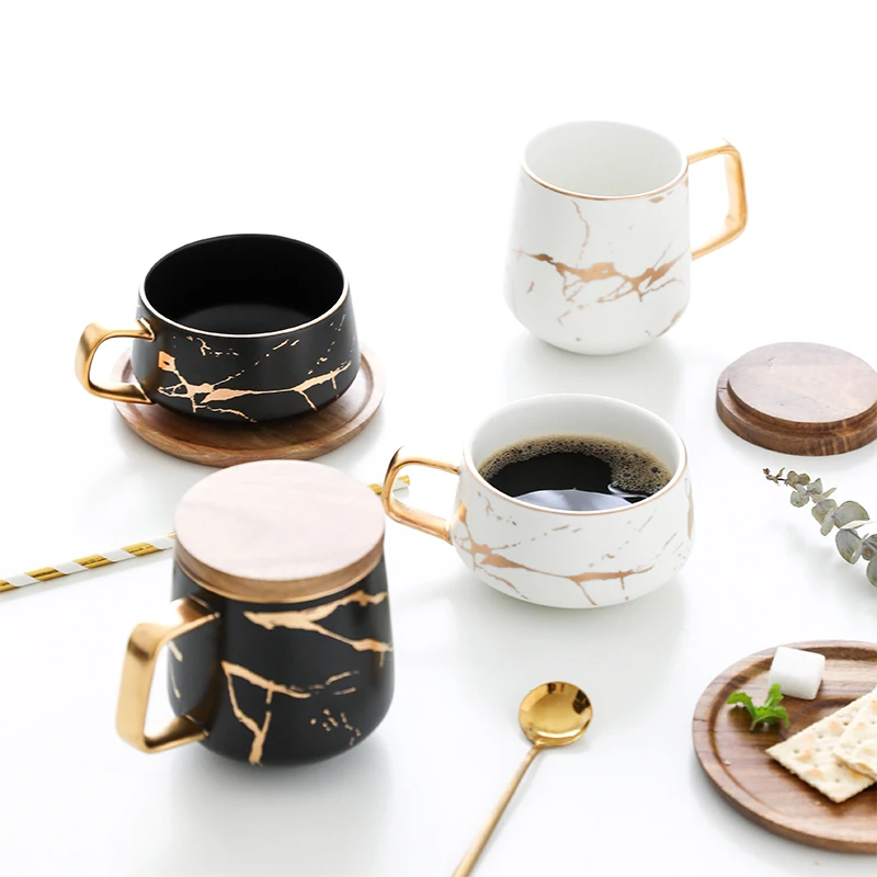 

300ml Luxury matte ceramic marble tea coffee Cups and with wood Saucers black and white gold inlay ceramic cups