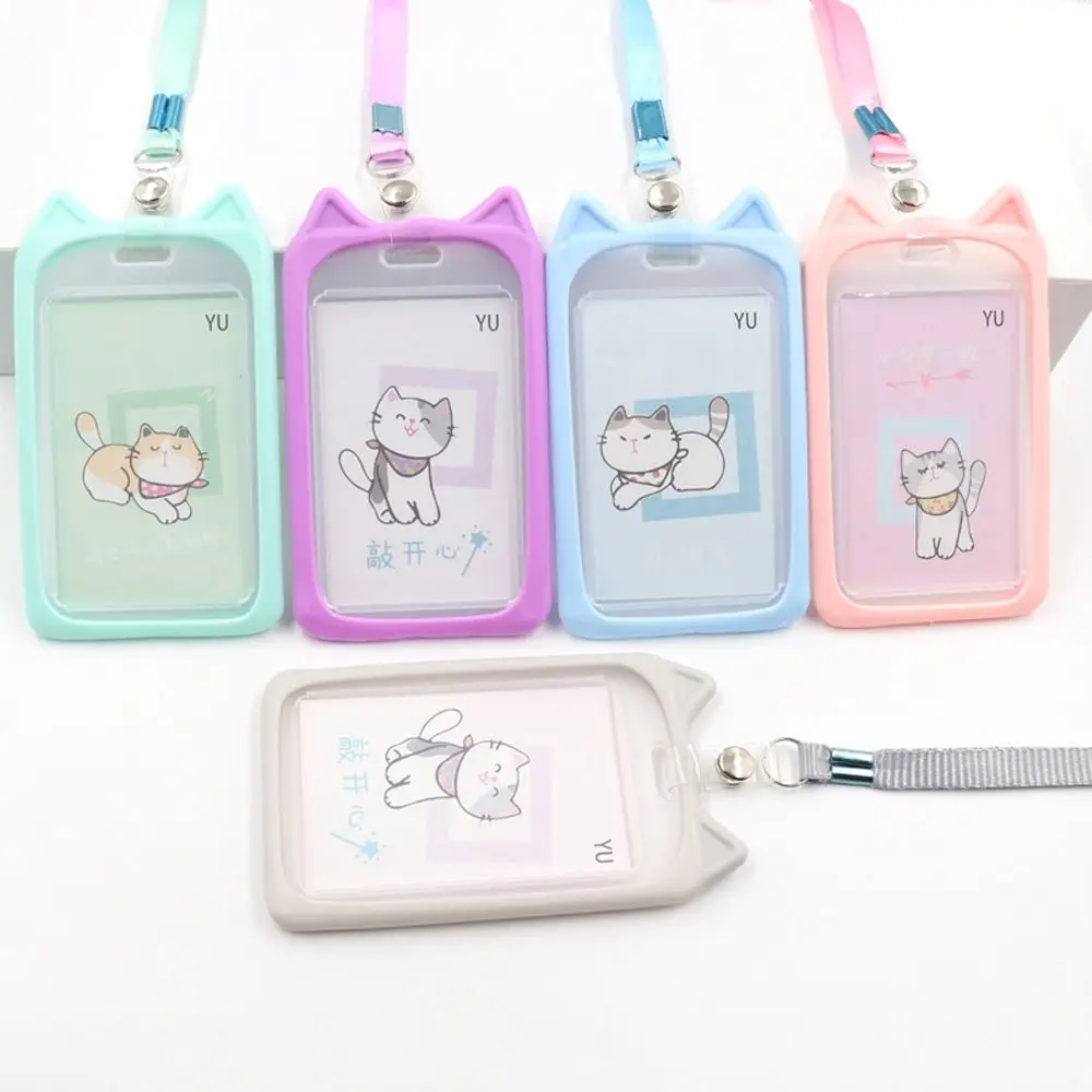 1PC Cartoon Card Holder Cute Cat Bank Identity Bus ID Card Sleeve Case with Retractable Reel Lanyard Credit Cover Kids Gift