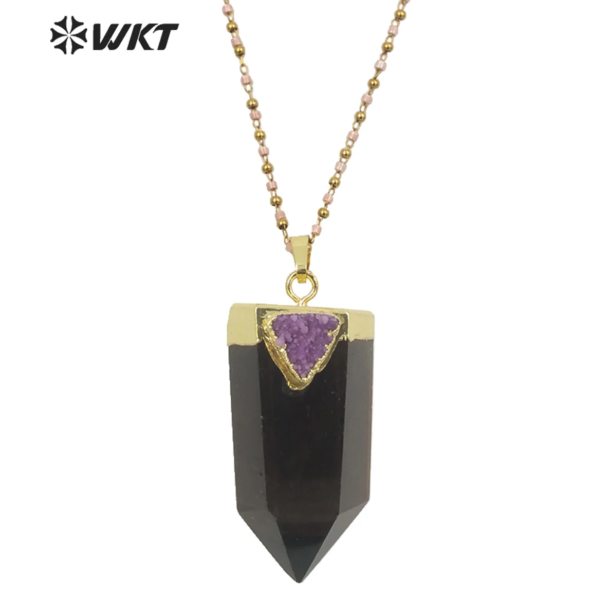 WT-N1291 Wholesale Newest Populared Haxagona Spirit Quartz Smoky Stone Pendant Necklace With Druzy Charm Colorful Rosary Chain