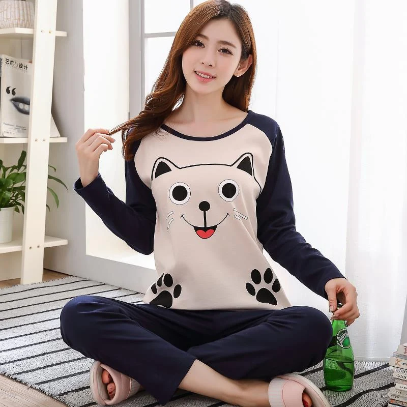 Ensemble de pyjama imprimé dessin animé à manches longues pour femmes, vêtements de nuit mignons, vêtements d\'intérieur fins, printemps, automne