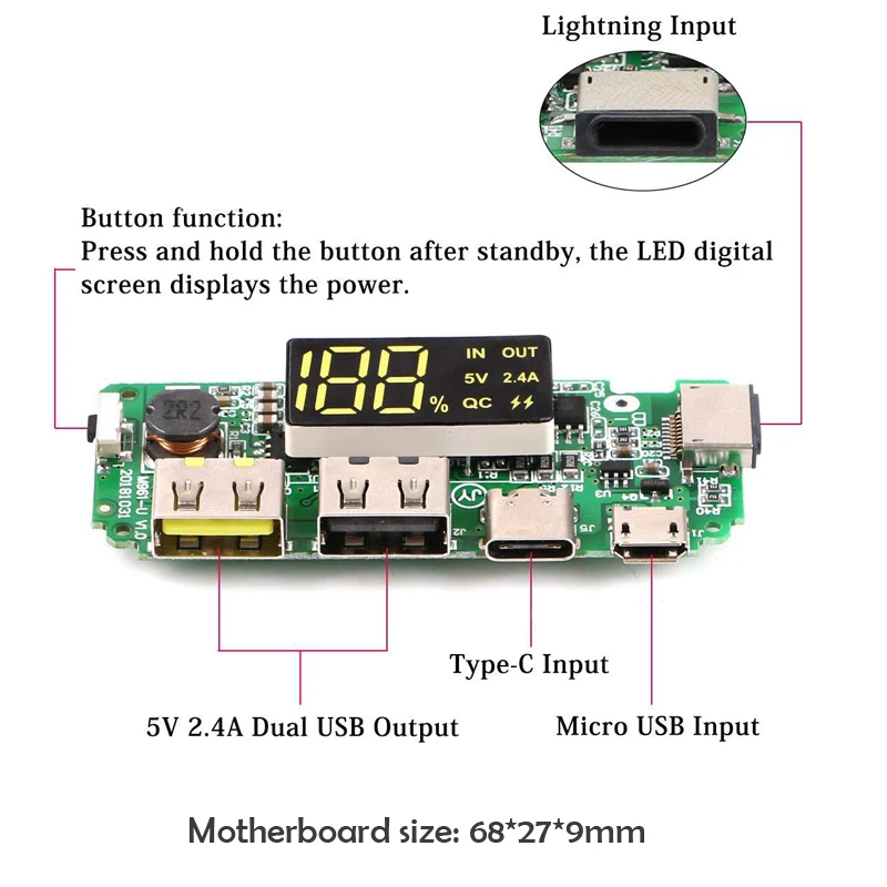 Módulo de carga de pantalla Digital, batería de litio 18650, salida USB Dual 5V2.4A con módulo de aumento de pantalla