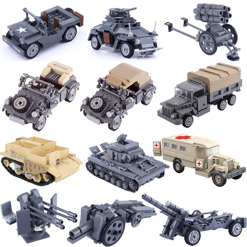 WW2 Building Blocks Car Military Off-road Vehicle Ambulance Antiaircraft Gun Truck Solider Figures Gifts Weapon Gun Toys For Kid