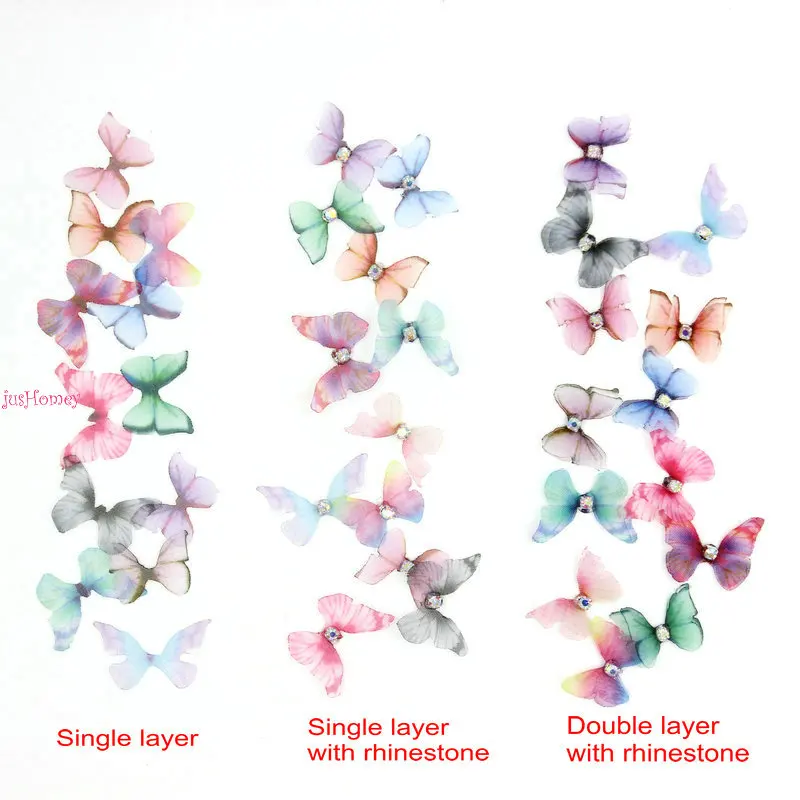 100pcs Handmade Petite Organza Butterflies w/ Rhinestone Silk Butterflies for DIY Jewelry Making, Nail Art