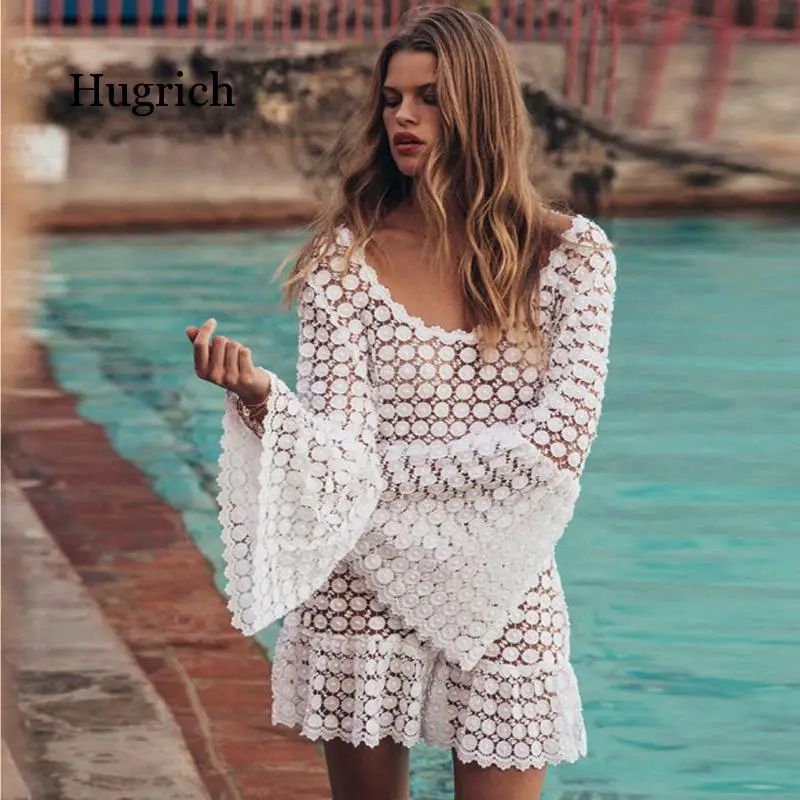 

Women's Lace Polka Dot Beach Skirt Mesh Bohemia Summer Spring Long Sleeve 2021 Bikini Cover Up Dress