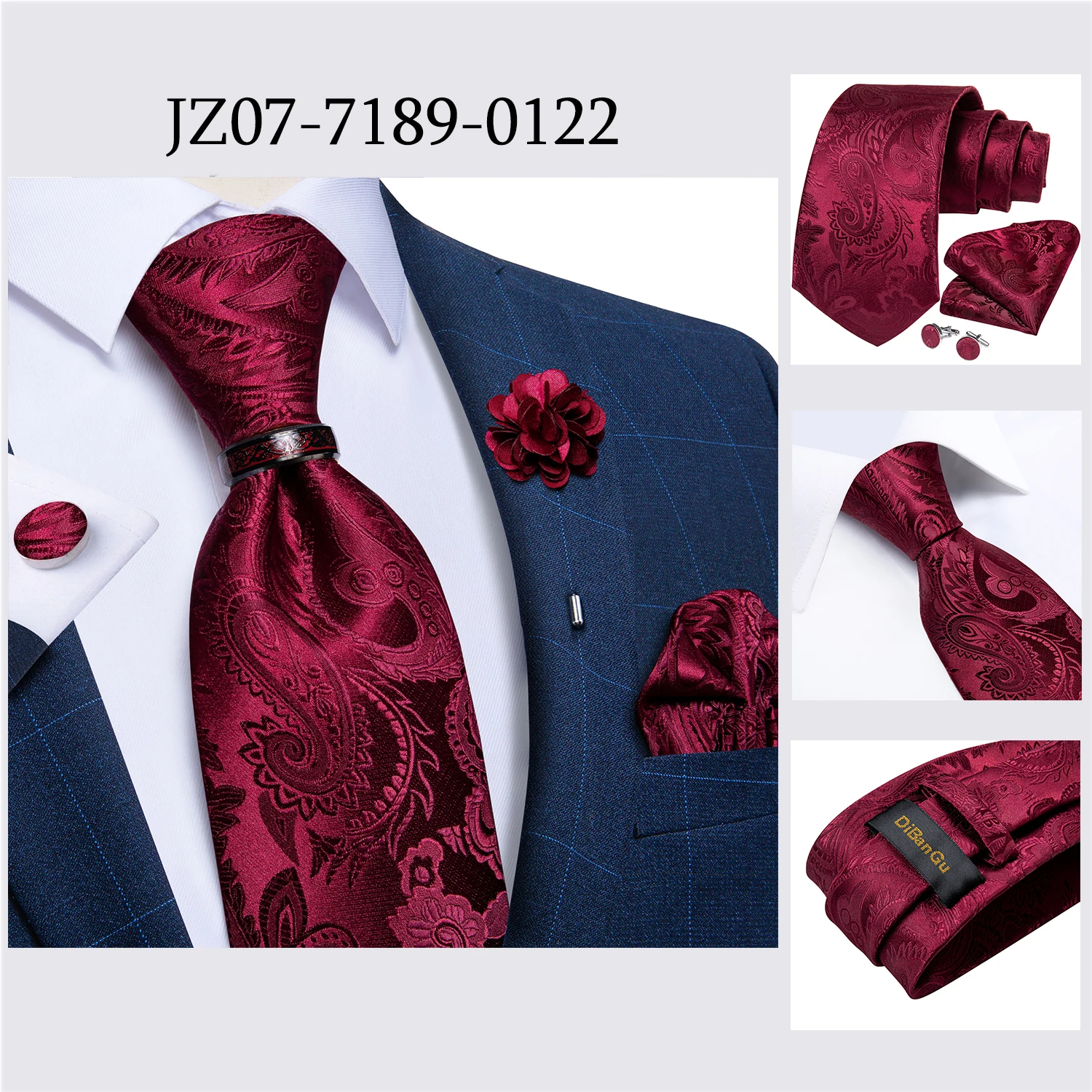Handgefertigte Paisley-Blumen-Krawatte in Königsblau für Herren, klassische 8 cm breite gewebte Jacquard-Krawatte mit Einstecktuch, Manschettenknöpfen und Brosche – Detail 40