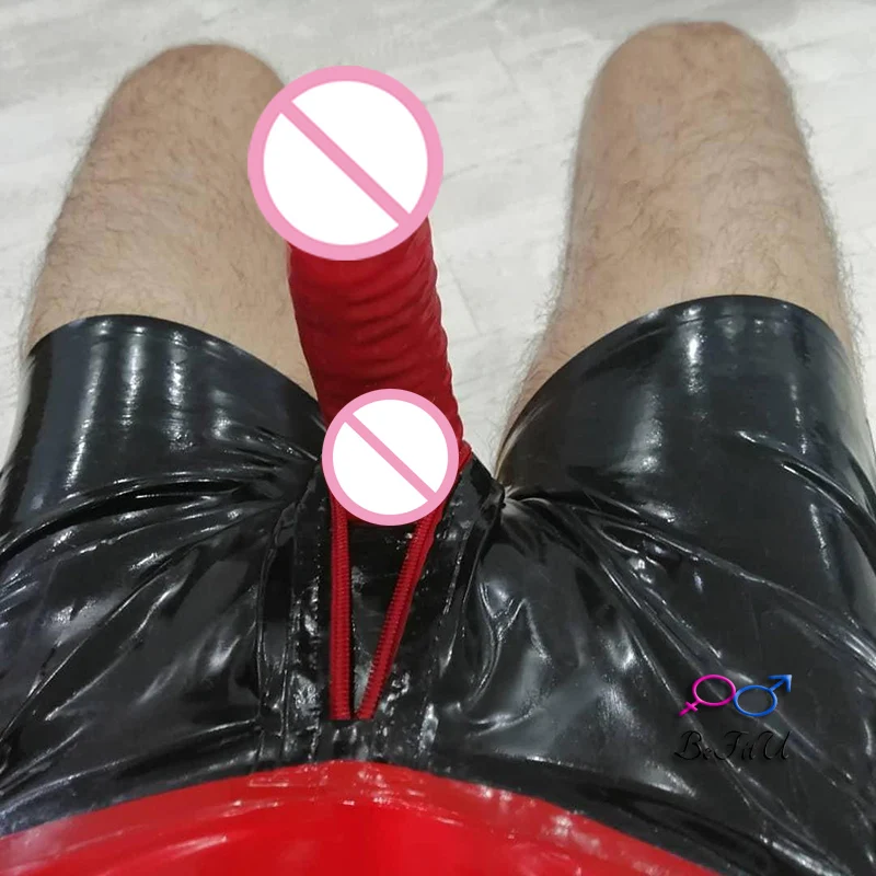 Latex Shorts  Men Boxers  fetish  Underpants Hole with sheath  safe Underwear Handmade Pouch codpiece