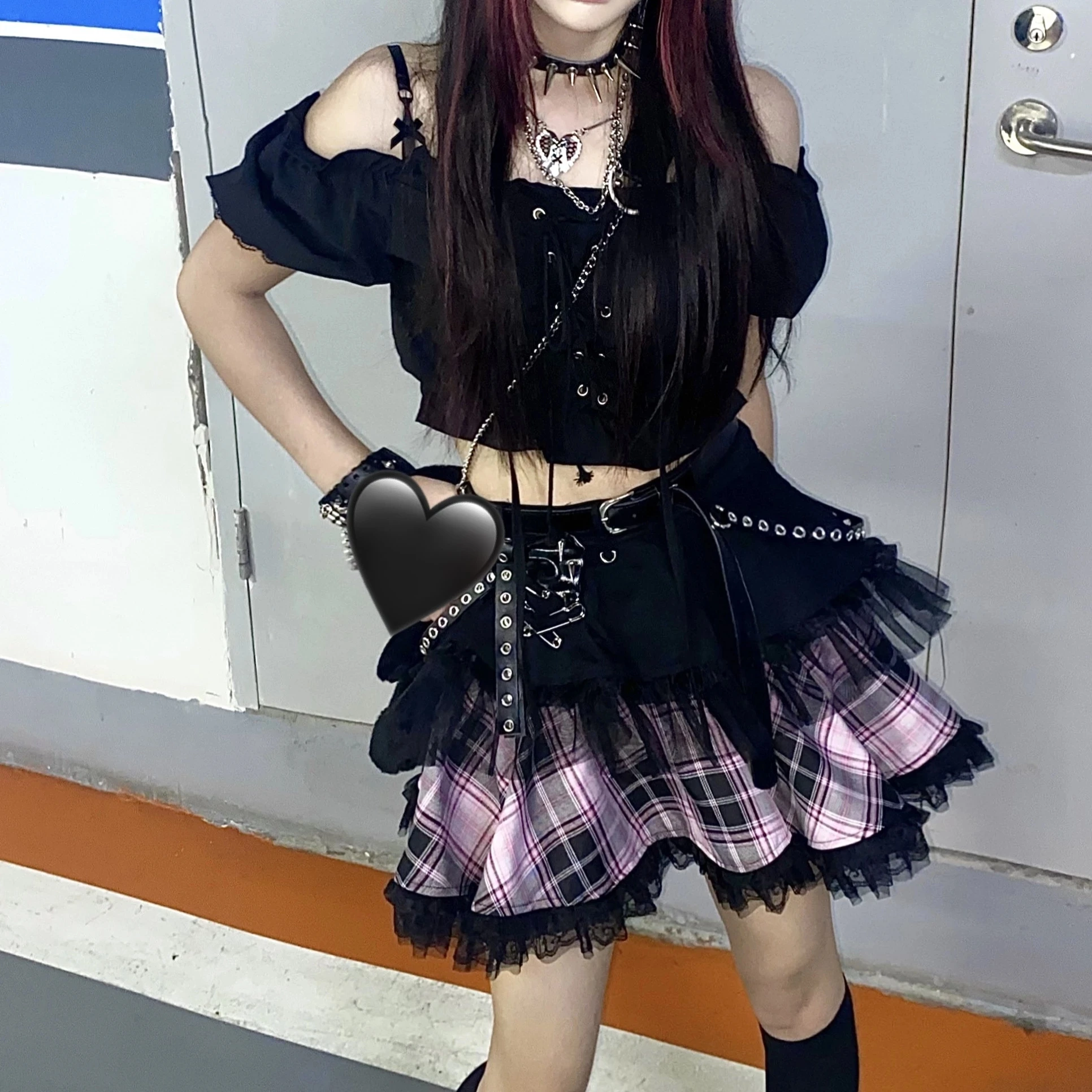 

New Summer Gothic Harajuku Punk Hot Girl Black Pink Pin Plaid Skirts Fashion Sweet Girl Mini Kawaii A-Line Short Skirts