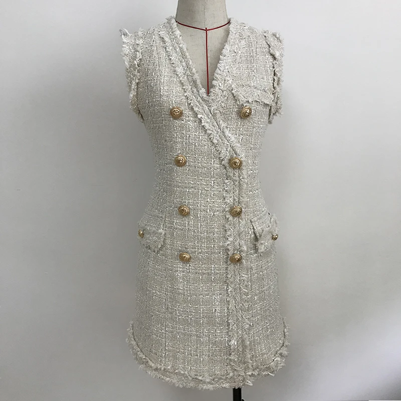 Imagem -05 - Nova Agradável Barroco Designer Feminino Sexy Metal Leão Botões Duplo Breasted Borla Franjas Tweed Vestido Alta Qualidade