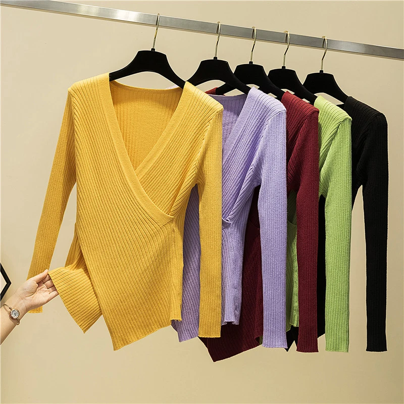 Irregular Sexy V-Neck Long Sleeve Pullover Knitted Sweater Women 2024 Winter Slim Sweaters  Knitwear Korean Woman Clothes Fall