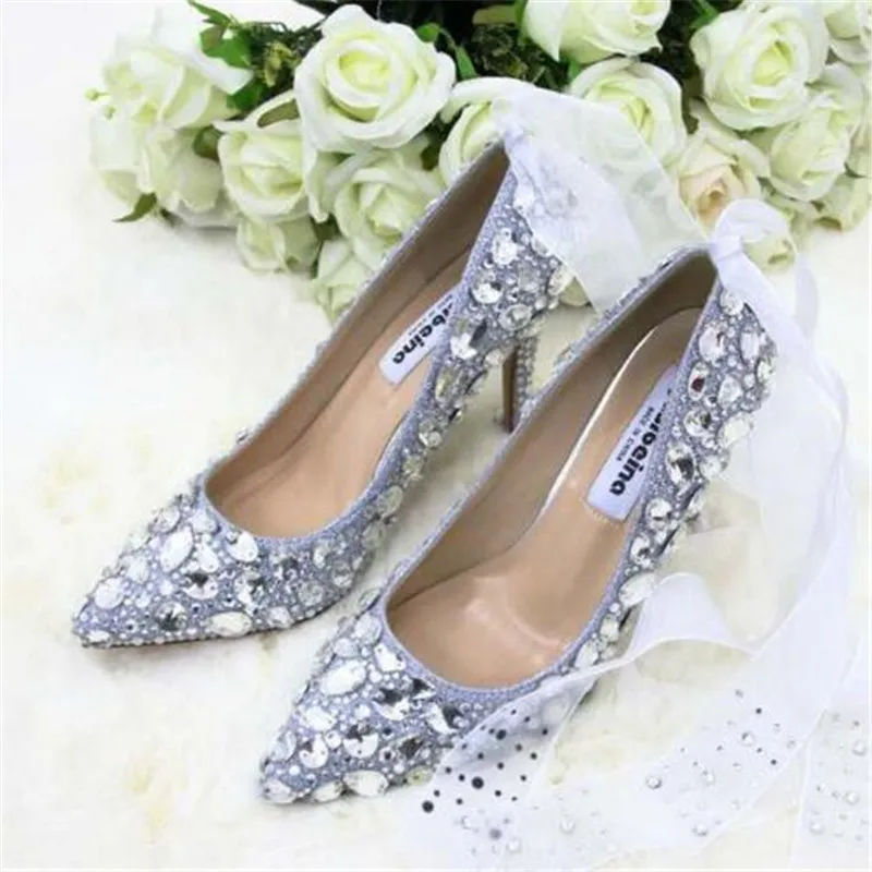 

Fashion Women Pumps Thin High Heels Sexy Party Women Shoes Sequined Cloth Slip On 7CM Thin High Heels Pointed Toe Rhinestones