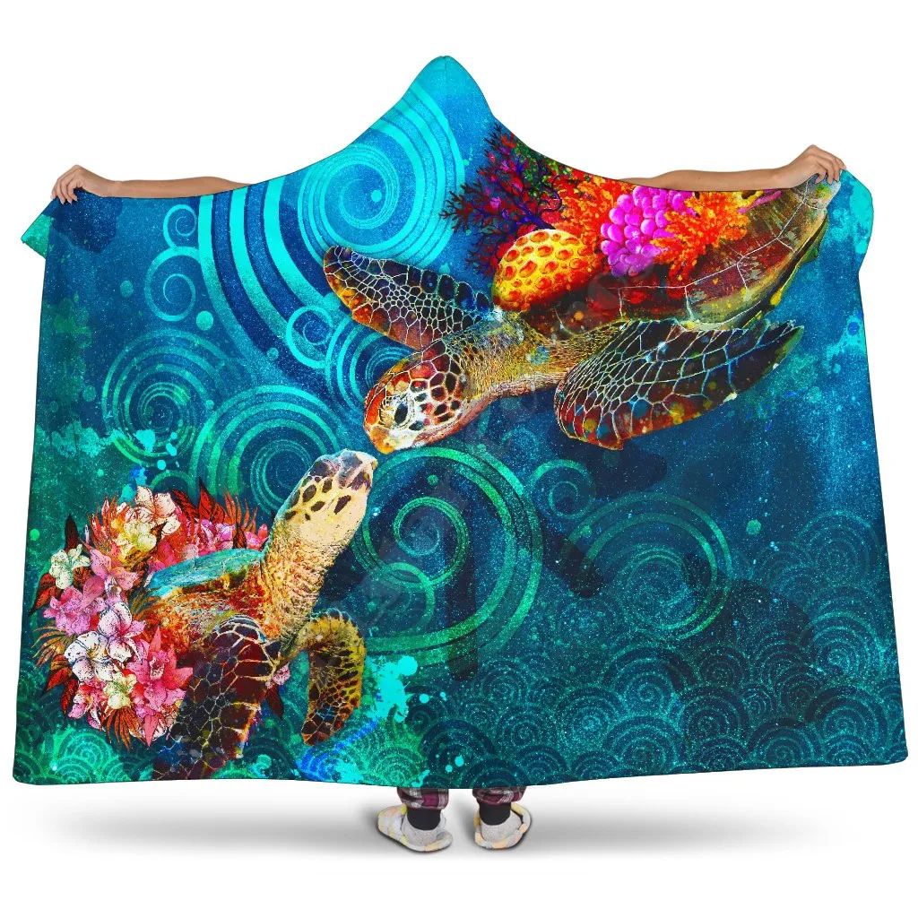 Polynesian Kanaka Maoli Hawaiian Hooded Blanket Turtle Hawaii Map 3D printed Wearable Blanket Adults Kids Hooded Blanket