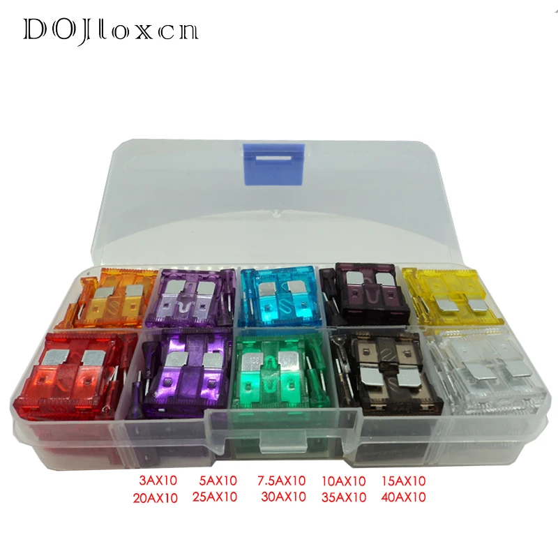1 Box 100 Pcs Medium Auto Blade Fuse Box Assortment 3A 5A 7.5A 10A 15A 20A 25A 30A 35A 40A With High Quality Plastic Box