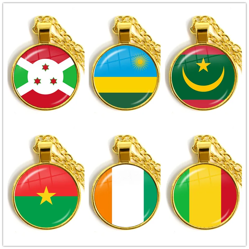 Mauritania,Mali,Rwanda,Coate d\'Ivoire,Burundi,Burkina Faso National Flag Necklace 25mm Glass Cabochon Pendant Necklace For Women