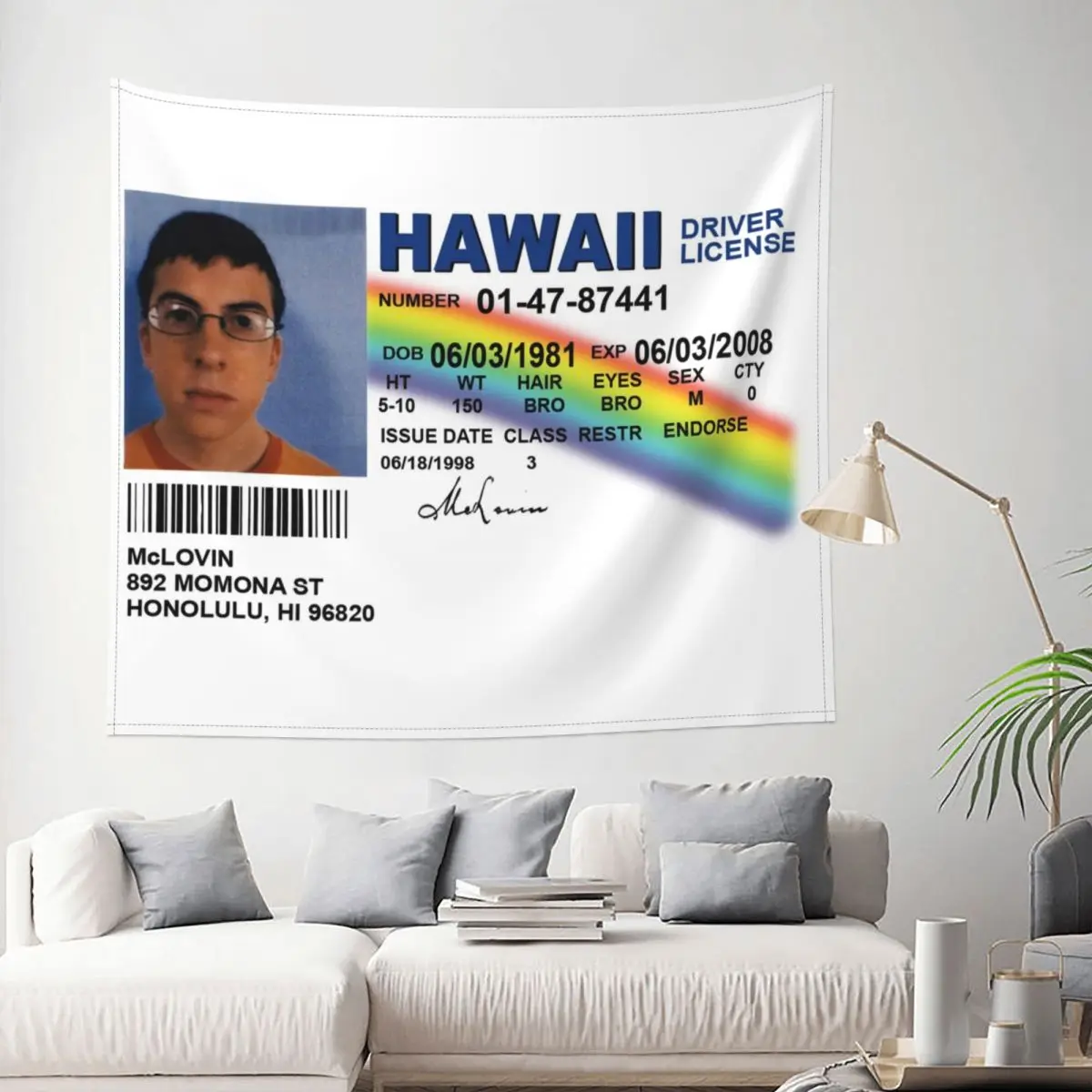 McLovin Tapestry Wall Hanging Printed Polyester Wall Tapestry Superbad Fake ID License Fantasy Blanket Wall Decor Wall Cloth