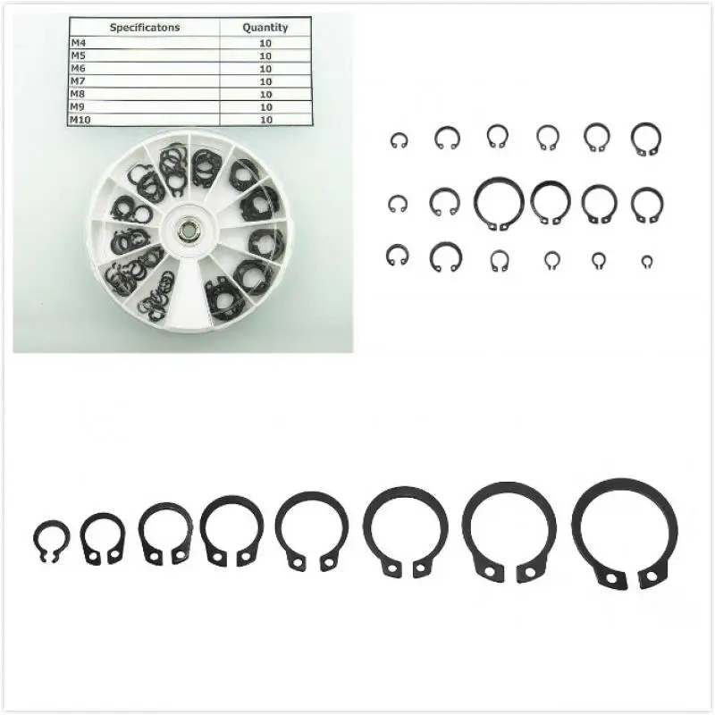 Kit assortimento di anelli di fissaggio per anelli elastici interni tipo E da 70 pezzi per moschettone per anelli elastici in acciaio al carbonio con foro in acciaio inossidabile