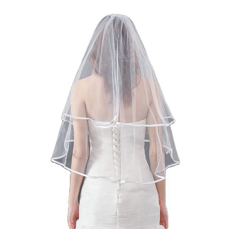 In Stock White Ivory Short Bridal Veils Boda Cheap Wedding Veil Satin Edge Veu de noiva Bride accessoires mariage welon