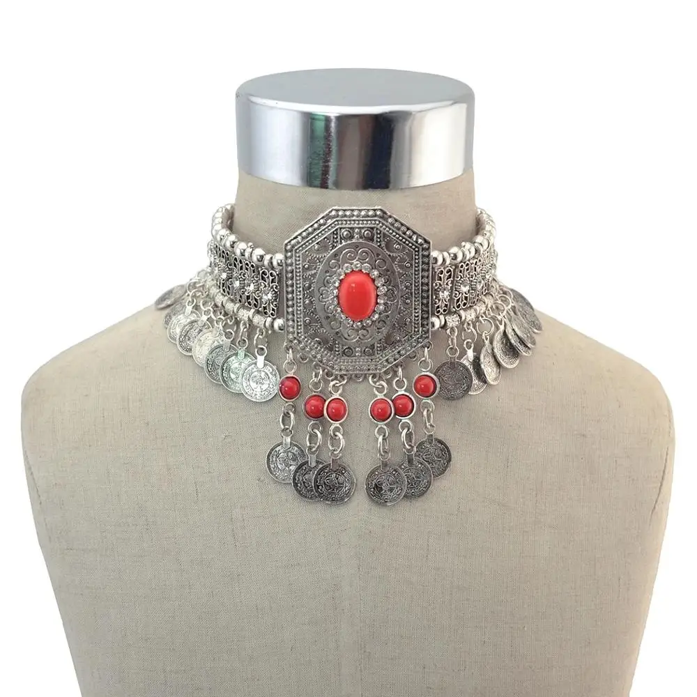 Bohemian Turquoise Vintage Silvery Coin Tassel Necklace For Women Gypsy Rhinestone Flower Chain Choker Collar Fashion Jewerly