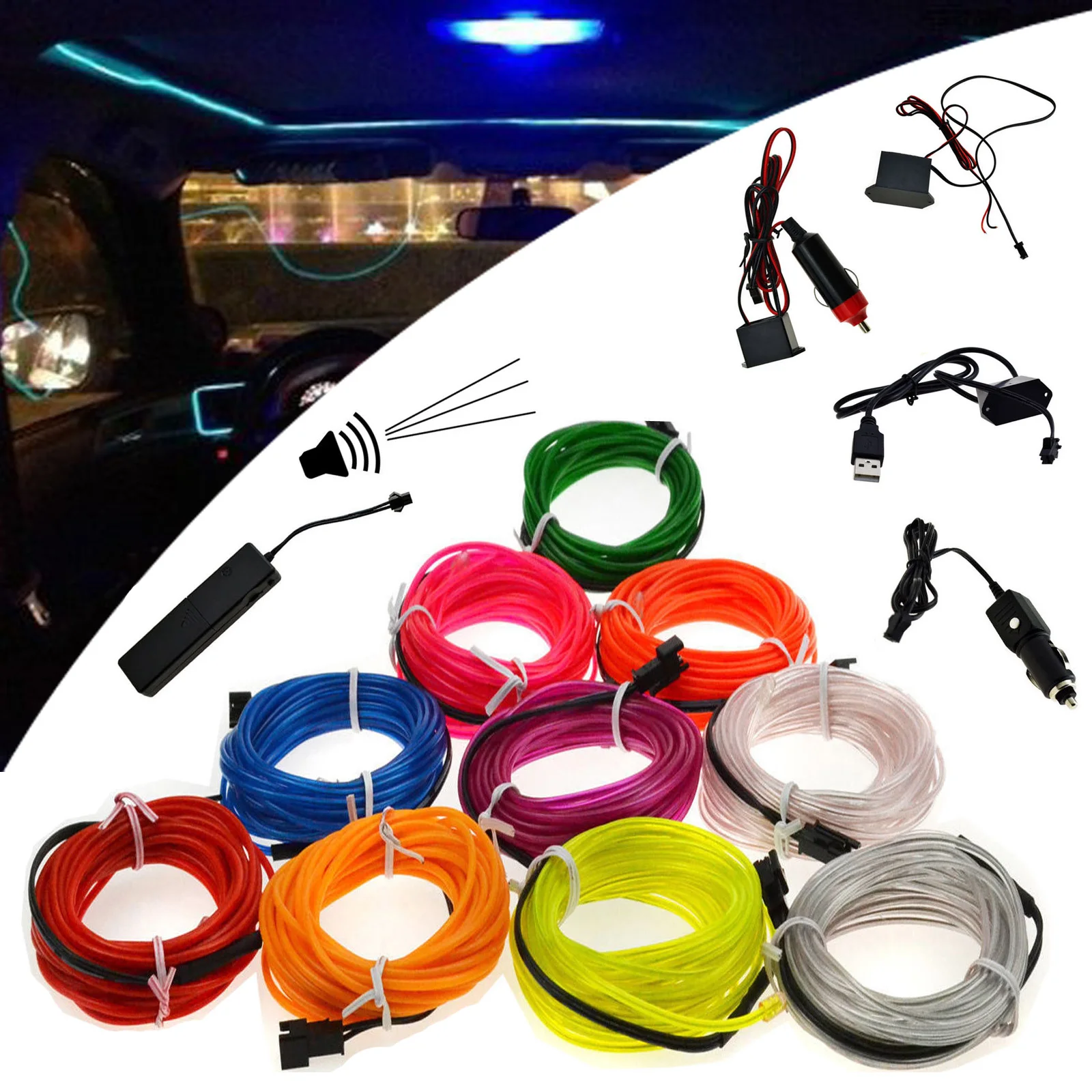 

EL Wire 1M Glow String Strips Neon LED Light With Controller Inverter 3V/12V/Sound Activated/USB/Car Cigarette