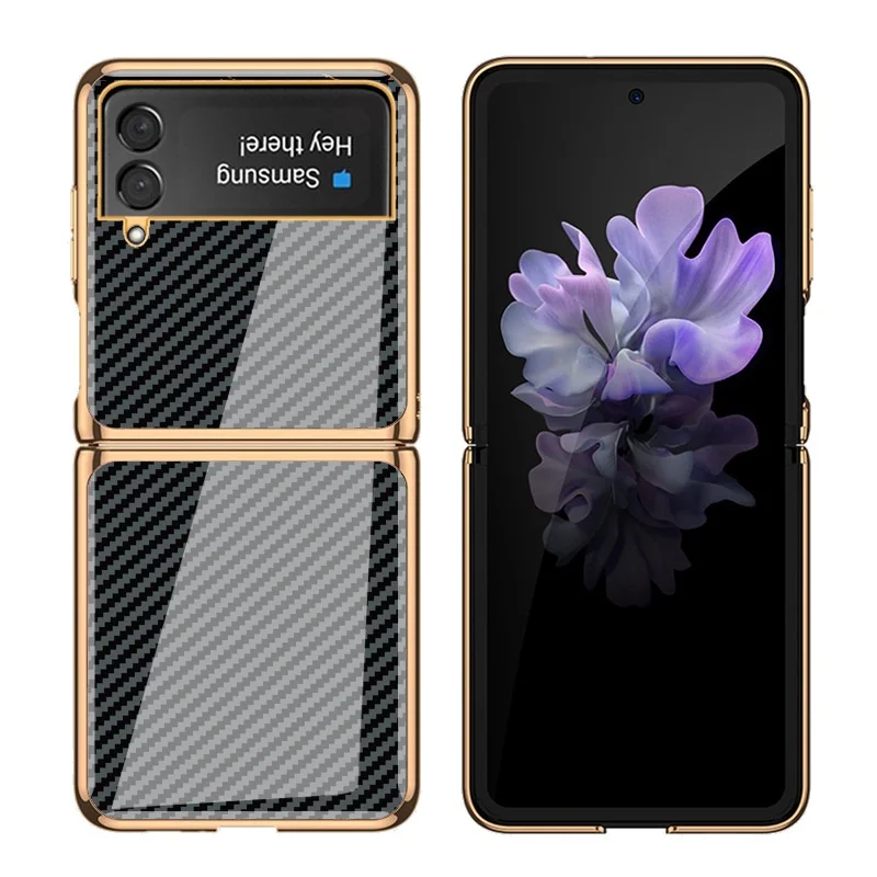 Luxury Tempered Glass Carbon Fiber Texture Metal Plated Case For Samsung Galaxy Z Flip4 Flip3 5G