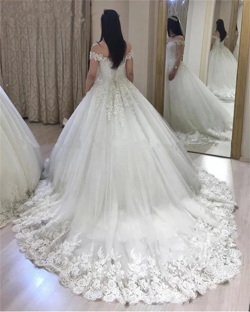 Customized Princess Ball Gown Luxury Wedding Dress Off The Shoulder Puffy Tulle Lace Applique Vestido De Novia vestito sposa