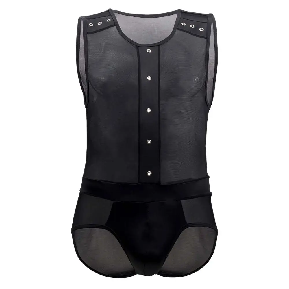 

Sexy Button Open Shoulder Vest Lingerie Hot Men Porno Sleepwear Transparent Lace Hot Erotic Black Mesh Clothes Babydoll Jumpsuit