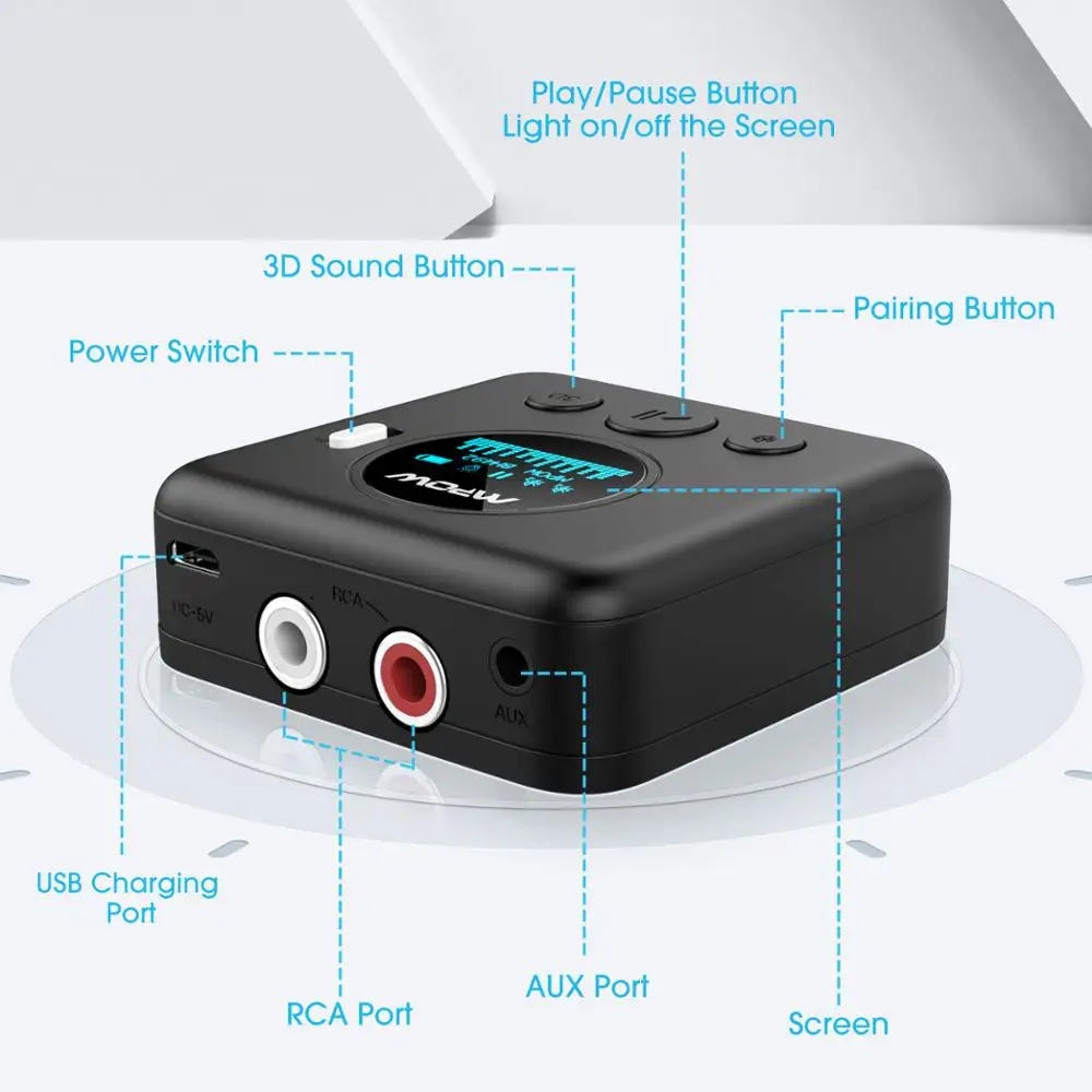 ترقية Mpow بلوتوث محول الصوت Mpow BH492 بلوتوث 5.0 استقبال مع شاشة OLED والصوت ثلاثية الأبعاد لنظام ستيريو المنزل سيارة