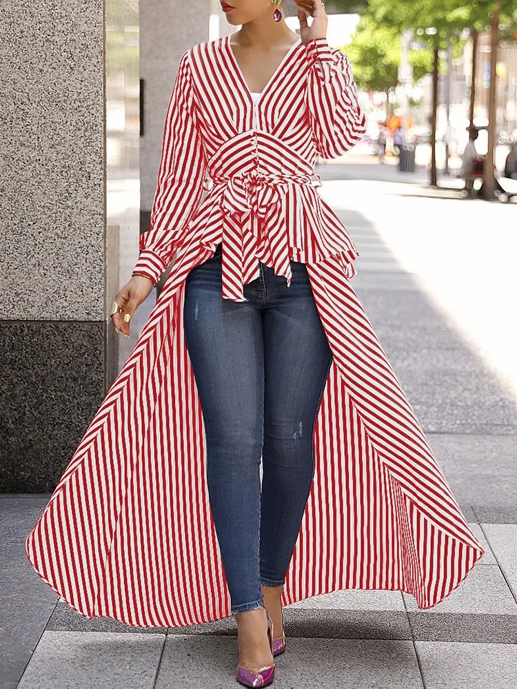 Fashion Women Stripe Long Sleeve Blouse Shirt V-Neck Maxi Dress Tunic Casual Long Tops Business office lady Dress