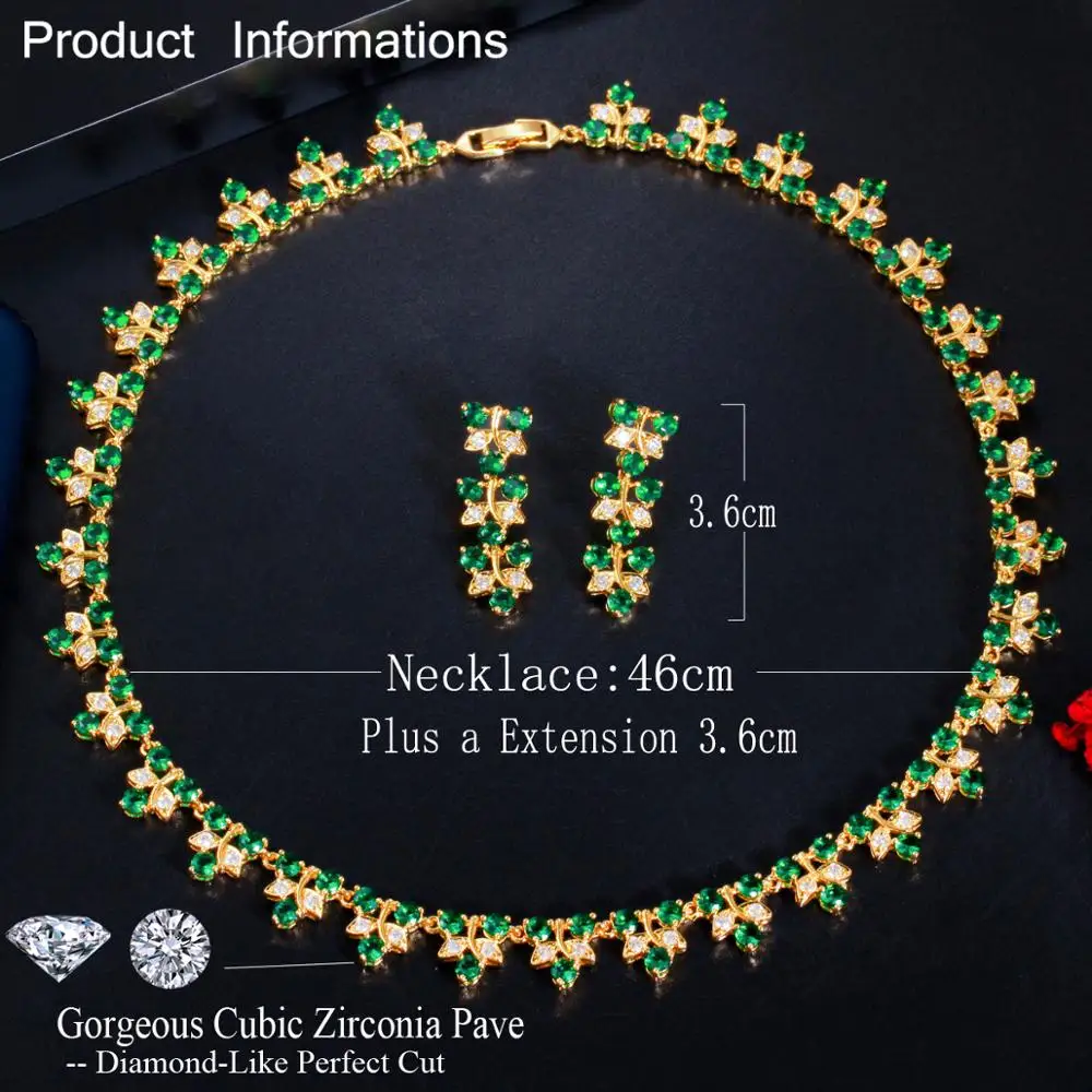 ThreeGraces Natural Green Round CZ Stone Dubai Gold Color Bridal Wedding Necklace Earrings for Brides Banquet Jewelry Sets TZ556